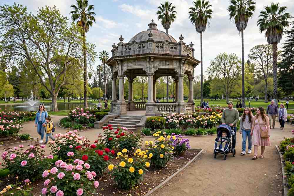 Blooming rose garden and historic bandstand in Stockton's Victory Park